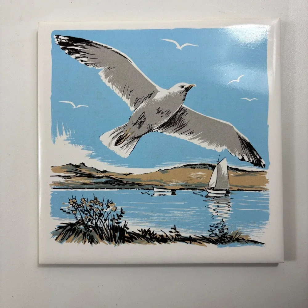 Screen Craft Hand Decorated Ceramics‎ Seagull Sailboat Lake Scene Tile Wall Art